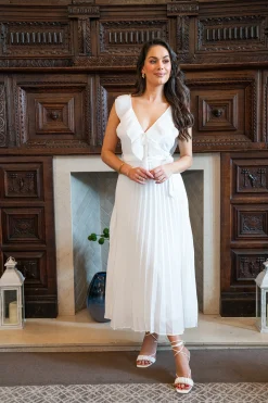 Women's Maxi Dress - White Frilled V Neck Sleeveless Pleated Design with Adjustable Tie Waist - Liquorish