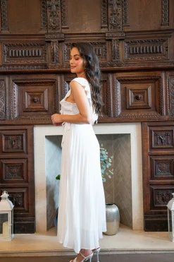 Women's Maxi Dress - White Frilled V Neck Sleeveless Pleated Design with Adjustable Tie Waist - Liquorish