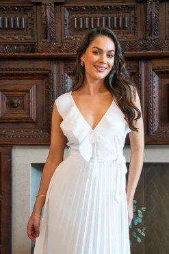 Women's Maxi Dress - White Frilled V Neck Sleeveless Pleated Design with Adjustable Tie Waist - Liquorish