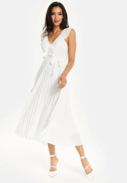 Women's Maxi Dress - White Frilled V Neck Sleeveless Pleated Design with Adjustable Tie Waist - Liquorish