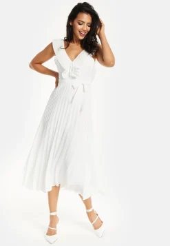 Women's Maxi Dress - White Frilled V Neck Sleeveless Pleated Design with Adjustable Tie Waist - Liquorish