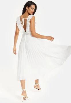 Women's Maxi Dress - White Frilled V Neck Sleeveless Pleated Design with Adjustable Tie Waist - Liquorish