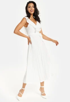 Women's Maxi Dress - White Frilled V Neck Sleeveless Pleated Design with Adjustable Tie Waist - Liquorish