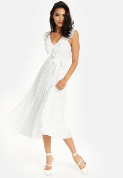 Women's Maxi Dress - White Frilled V Neck Sleeveless Pleated Design with Adjustable Tie Waist - Liquorish