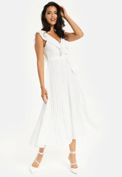 Women's Maxi Dress - White Frilled V Neck Sleeveless Pleated Design with Adjustable Tie Waist - Liquorish