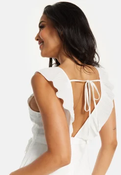 Women's Maxi Dress - White Frilled V Neck Sleeveless Pleated Design with Adjustable Tie Waist - Liquorish