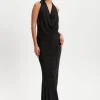Women's Maxi Dress in Black with Halter Neck Tie, Bodycon Fit, Full Length, Elastic - Liquorish