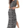 Women's Maxi Dress in Black and White Giraffe Print with Sleeveless Cut-Out Details, Side Slit - Liquorish