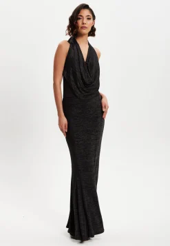 Women's Maxi Dress in Black with Halter Neck Tie, Bodycon Fit, Full Length, Elastic - Liquorish