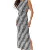 Women's Maxi Dress in Black and White Floral Jersey with Sleeveless Design and Cut-Out Details - Liquorish