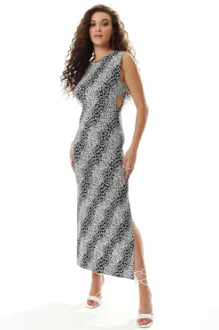 Women's Maxi Dress in Black and White Floral Jersey with Sleeveless Design and Cut-Out Details - Liquorish