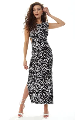 Women's Maxi Dress in Black and White Giraffe Print with Sleeveless Cut-Out Details, Side Slit - Liquorish