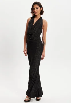 Women's Maxi Dress in Black with Halter Neck Tie, Bodycon Fit, Full Length, Elastic - Liquorish