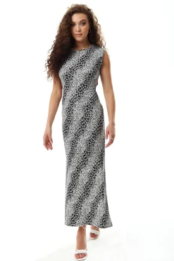 Women's Maxi Dress in Black and White Floral Jersey with Sleeveless Design and Cut-Out Details - Liquorish