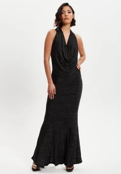 Women's Maxi Dress in Black with Halter Neck Tie, Bodycon Fit, Full Length, Elastic - Liquorish