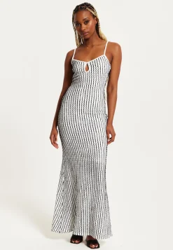 Women's Maxi Dress in Black & White with Spaghetti Straps and Bodycon Fit - Liquorish
