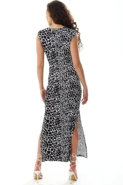Women's Maxi Dress in Black and White Giraffe Print with Sleeveless Cut-Out Details, Side Slit - Liquorish