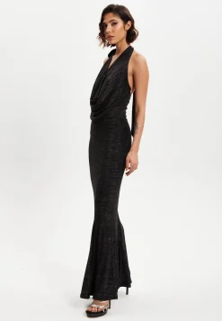Women's Maxi Dress in Black with Halter Neck Tie, Bodycon Fit, Full Length, Elastic - Liquorish