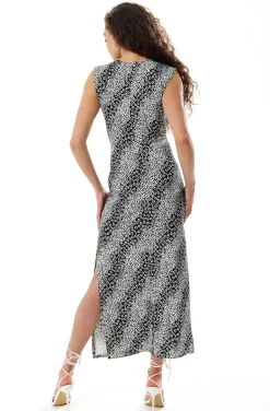 Women's Maxi Dress in Black and White Floral Jersey with Sleeveless Design and Cut-Out Details - Liquorish