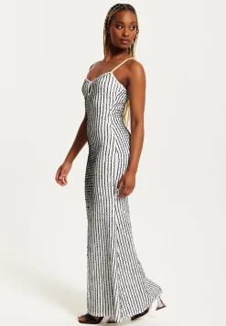 Women's Maxi Dress in Black & White with Spaghetti Straps and Bodycon Fit - Liquorish