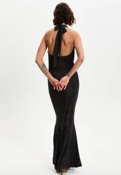 Women's Maxi Dress in Black with Halter Neck Tie, Bodycon Fit, Full Length, Elastic - Liquorish