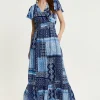 Women's Maxi Dress in Blue Tile Print with Short Sleeves and Open Back Tie Detail - Liquorish
