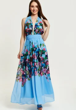 Women’s Maxi Dress in Blue with Sleeveless Design and Deep V Neck - Liquorish