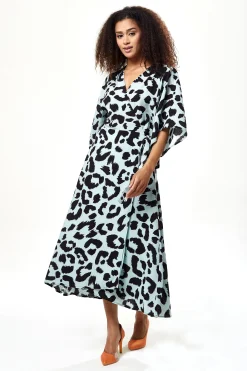 Women's Maxi Dress in Blue with Kimono Sleeves and Tie Waist - Liquorish Animal Print