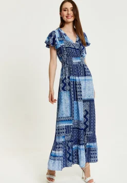Women's Maxi Dress in Blue Tile Print with Short Sleeves and Open Back Tie Detail - Liquorish