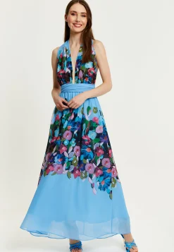 Women’s Maxi Dress in Blue with Sleeveless Design and Deep V Neck - Liquorish