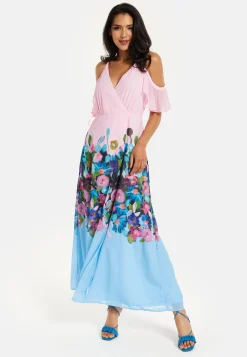 Women's Maxi Dress in Blue & Pink Floral Print with Cold Shoulder & Frill Details - Wrap Style by Liquorish