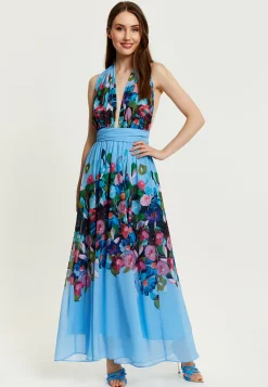 Women’s Maxi Dress in Blue with Sleeveless Design and Deep V Neck - Liquorish