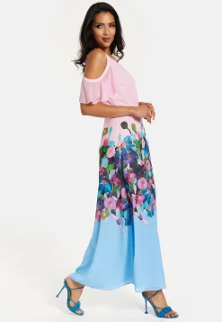 Women's Maxi Dress in Blue & Pink Floral Print with Cold Shoulder & Frill Details - Wrap Style by Liquorish