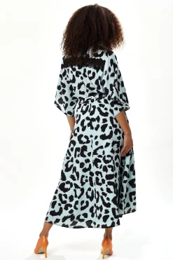 Women's Maxi Dress in Blue with Kimono Sleeves and Tie Waist - Liquorish Animal Print
