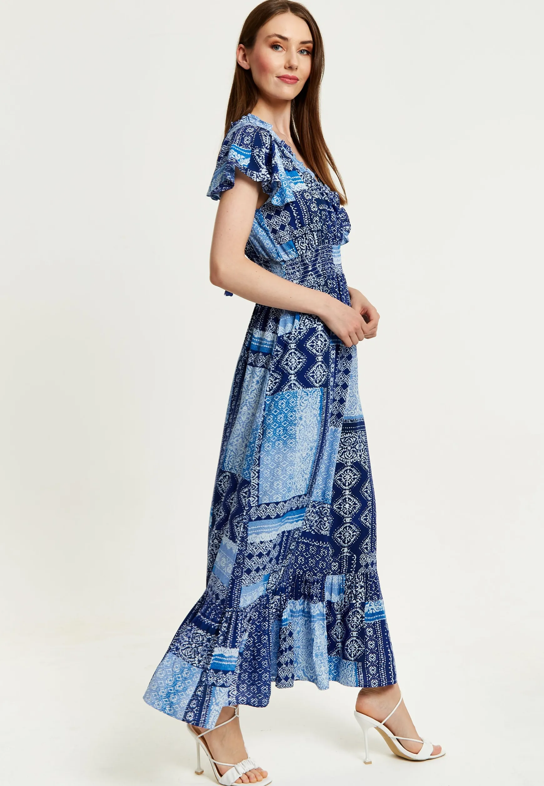 Women's Maxi Dress in Blue Tile Print with Short Sleeves and Open Back Tie Detail - Liquorish