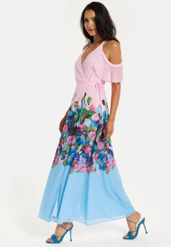Women's Maxi Dress in Blue & Pink Floral Print with Cold Shoulder & Frill Details - Wrap Style by Liquorish
