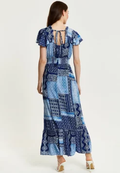 Women's Maxi Dress in Blue Tile Print with Short Sleeves and Open Back Tie Detail - Liquorish