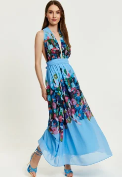 Women’s Maxi Dress in Blue with Sleeveless Design and Deep V Neck - Liquorish