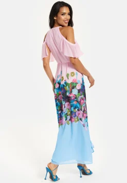 Women's Maxi Dress in Blue & Pink Floral Print with Cold Shoulder & Frill Details - Wrap Style by Liquorish