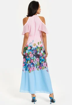 Women's Maxi Dress in Blue & Pink Floral Print with Cold Shoulder & Frill Details - Wrap Style by Liquorish