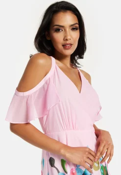 Women's Maxi Dress in Blue & Pink Floral Print with Cold Shoulder & Frill Details - Wrap Style by Liquorish