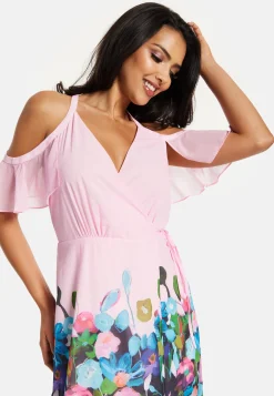 Women's Maxi Dress in Blue & Pink Floral Print with Cold Shoulder & Frill Details - Wrap Style by Liquorish