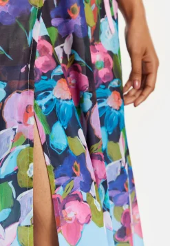 Women's Maxi Dress in Blue & Pink Floral Print with Cold Shoulder & Frill Details - Wrap Style by Liquorish