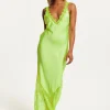 Women's Maxi Dress in Bright Yellow with Lace Detail, Deep V-Neck, and Sleeveless Design - Liquorish