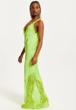 Women's Maxi Dress in Bright Yellow with Lace Detail, Deep V-Neck, and Sleeveless Design - Liquorish