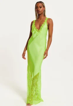 Women's Maxi Dress in Bright Yellow with Lace Detail, Deep V-Neck, and Sleeveless Design - Liquorish