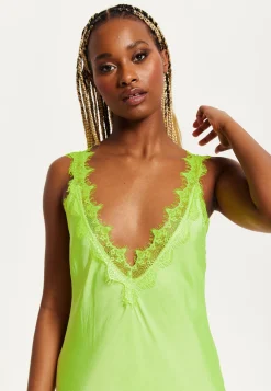 Women's Maxi Dress in Bright Yellow with Lace Detail, Deep V-Neck, and Sleeveless Design - Liquorish