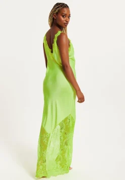 Women's Maxi Dress in Bright Yellow with Lace Detail, Deep V-Neck, and Sleeveless Design - Liquorish