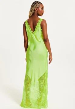 Women's Maxi Dress in Bright Yellow with Lace Detail, Deep V-Neck, and Sleeveless Design - Liquorish