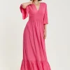 Women's Maxi Dress in Chic Pink with Frill Short Sleeves for Comfort and Style - Liquorish